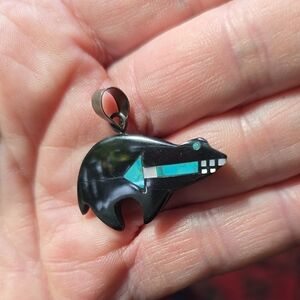 Turquoise Inlayed Zuni Bear Pendant
